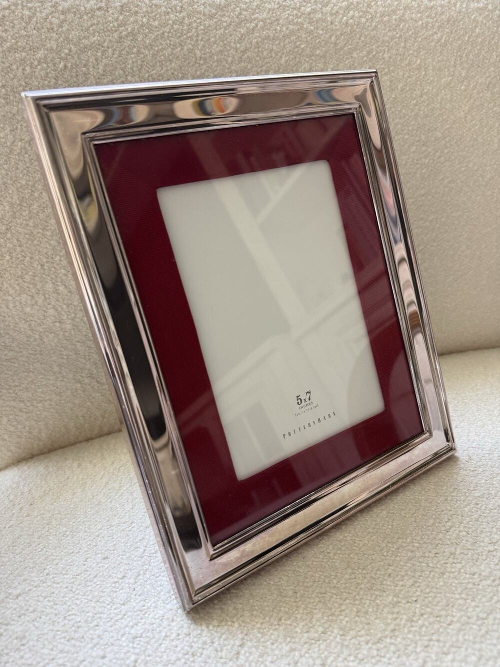 Pottery Barn Silver Picture Frame Glass Grosgrain Red Ribbon 5x7 Free Standing